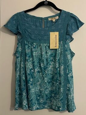 Rewind Teal Paisley Lace-Trim Peasant Blouse